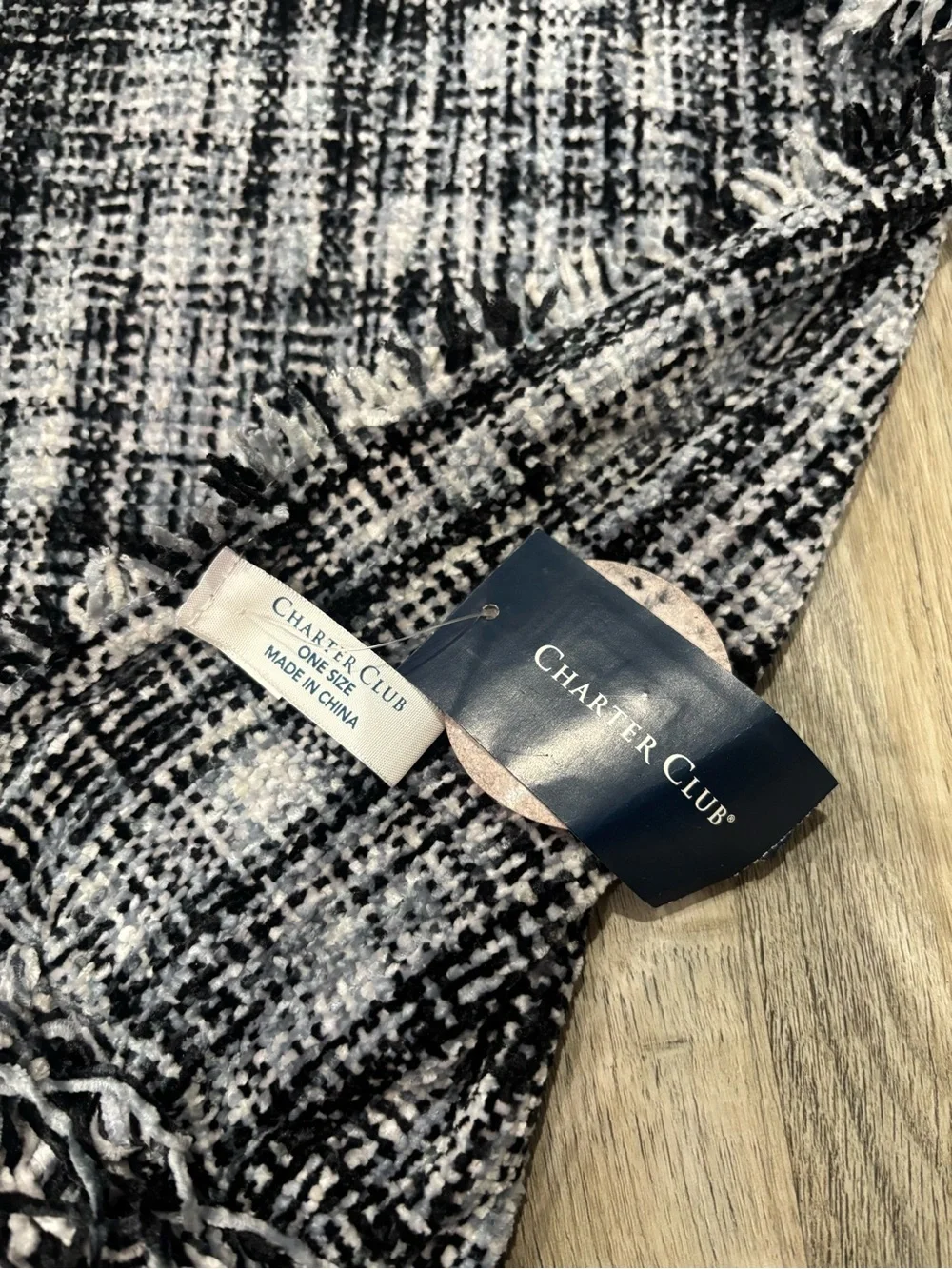 Charter Club Black and White Fringe Plaid Scarf Wrap